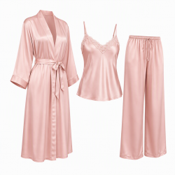 Women Fashion Three-Piece Pajamas Sets Soft Silk Sleepwear Plus Size XS-5XL