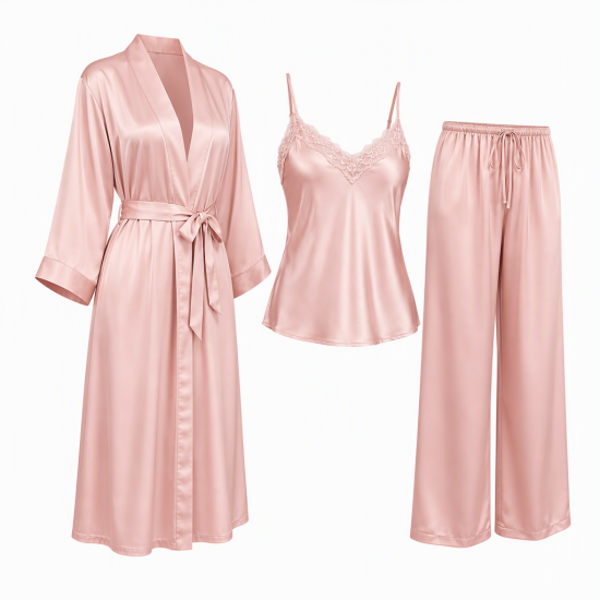 Women Fashion Three-Piece Pajamas Sets Soft Silk Sleepwear Plus Size XS-5XL
