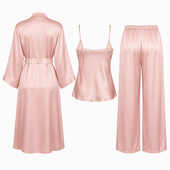 Women Fashion Three-Piece Pajamas Sets Soft Silk Sleepwear Plus Size XS-5XL