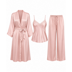 Women Fashion Three-Piece Pajamas Sets Soft Silk Sleepwear Plus Size XS-5XL