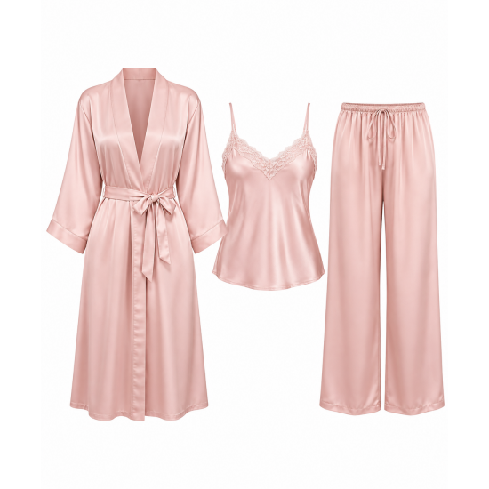 Women Fashion Three-Piece Pajamas Sets Soft Silk Sleepwear Plus Size XS-5XL