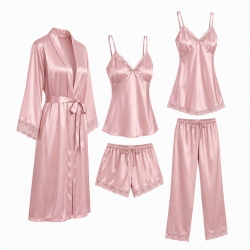 Women Nightgowns Pyjamas Set of Satin Fabric Breathable Pajamas with Robes 5 PCS Sleepwear Lounge Wear