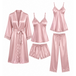 Women Nightgowns Pyjamas Set of Satin Fabric Breathable Pajamas with Robes 5 PCS Sleepwear Lounge Wear