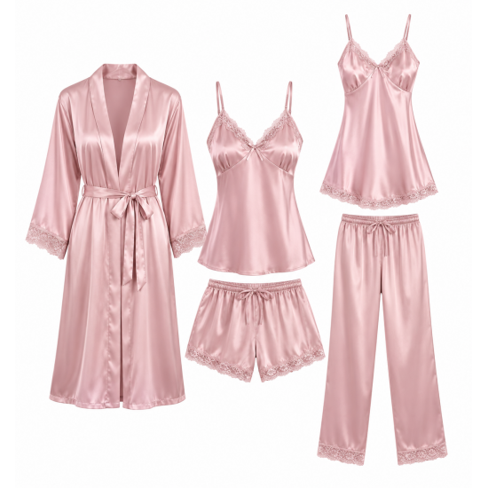 Women Nightgowns Pyjamas Set of Satin Fabric Breathable Pajamas with Robes 5 PCS Sleepwear Lounge Wear