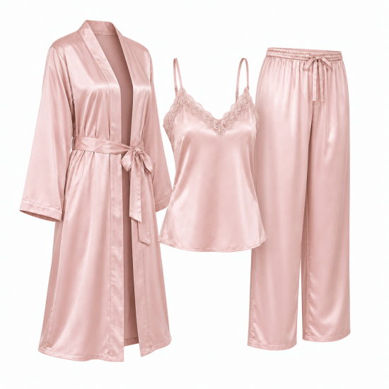 3Pcs Suits Women's Fashion Ice Silk Pajamas Set Soft Sleepwear Cami Nightwear with Robe Pant（Plus Size XS-5XL）
