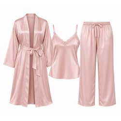 3Pcs Suits Women's Fashion Ice Silk Pajamas Set Soft Sleepwear Cami Nightwear with Robe Pant（Plus Size XS-5XL）