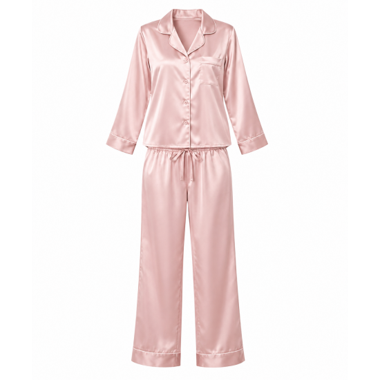Cute Women's Silk Satin Pajamas Lapel Cardigan Top Elastic Waist Trousers Comfortable Set sleepwear Homewear
