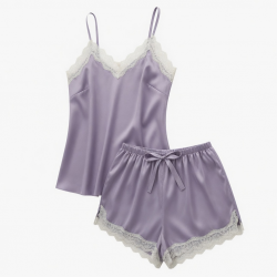 Women Fashion Soft Satin Two-Piece Pajamas Sets Ice Silk Lace Nightgown Sleepwear（ XS-5XL）