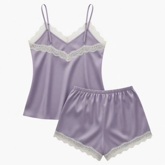 Women Fashion Soft Satin Two-Piece Pajamas Sets Ice Silk Lace Nightgown Sleepwear（ XS-5XL）