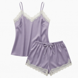 Women Fashion Soft Satin Two-Piece Pajamas Sets Ice Silk Lace Nightgown Sleepwear（ XS-5XL）