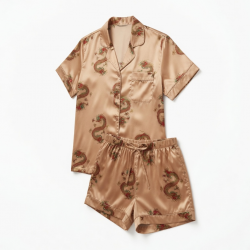 Fashion Men Women Short Sleeve Silk Pajamas Highly Privileged Dragon Design Two-piece Sleepwear Satin Set ()