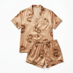 Fashion Men Women Short Sleeve Silk Pajamas Highly Privileged Dragon Design Two-piece Sleepwear Satin Set ()