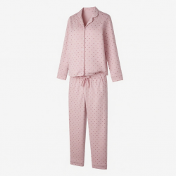Lapel Button Up Long Sleeve Shirt Pant Cute Heart Print Pajamas for Womens