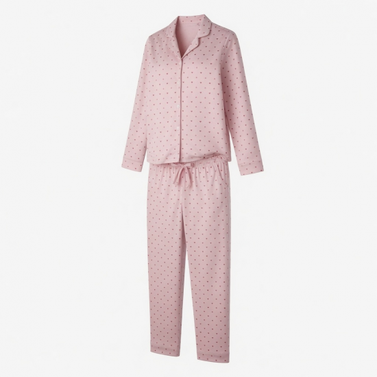 Lapel Button Up Long Sleeve Shirt Pant Cute Heart Print Pajamas for Womens