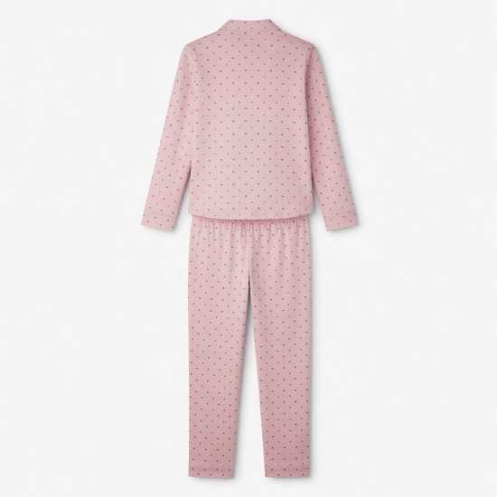 Lapel Button Up Long Sleeve Shirt Pant Cute Heart Print Pajamas for Womens
