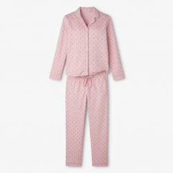 Lapel Button Up Long Sleeve Shirt Pant Cute Heart Print Pajamas for Womens