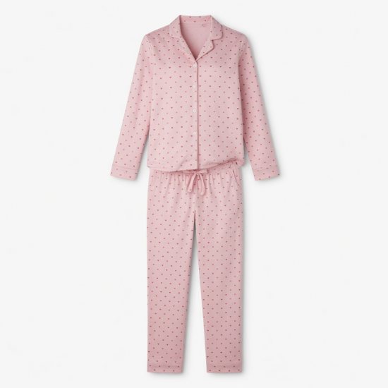 Lapel Button Up Long Sleeve Shirt Pant Cute Heart Print Pajamas for Womens