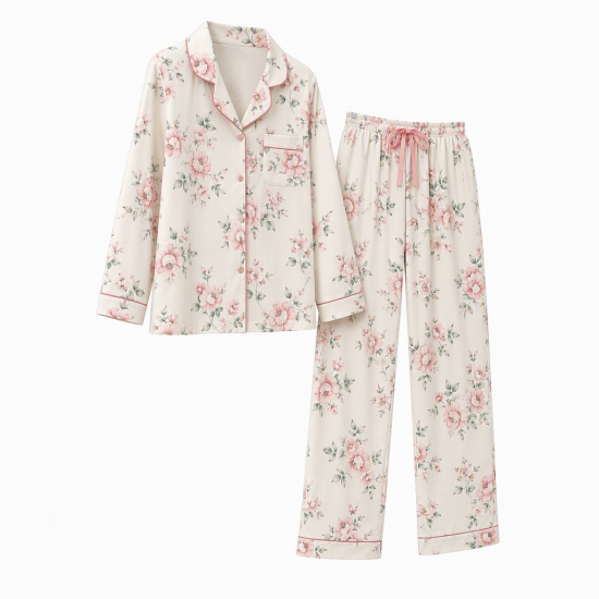 Floral Print Pajamas Set, Long Sleeve Buttons Top & Elastic Waistband Pants, Women's Sleepwear Loungewear