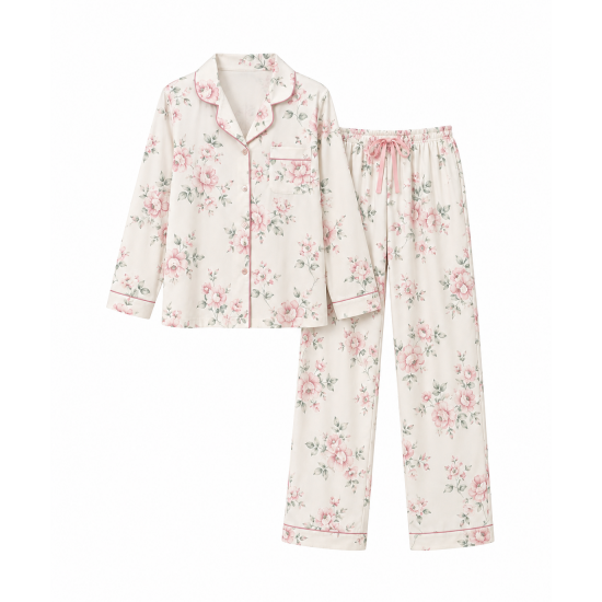 Floral Print Pajamas Set, Long Sleeve Buttons Top & Elastic Waistband Pants, Women's Sleepwear Loungewear