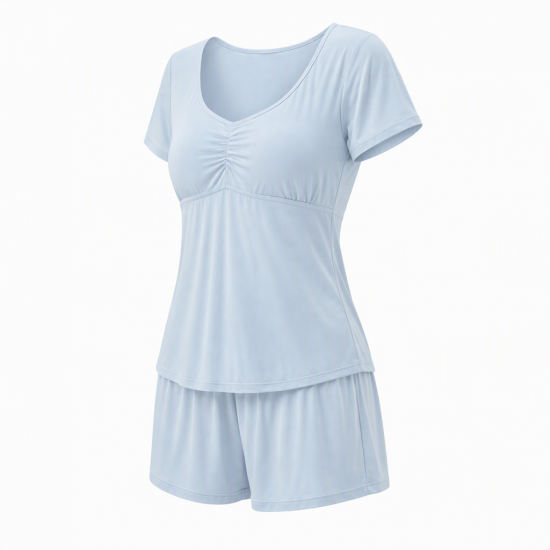 Cooling Pajama Set with Built-in Bra Summer Short Sleeve & Shorts/Long Pants Silk-like Loungewear for Women