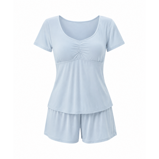 Cooling Pajama Set with Built-in Bra Summer Short Sleeve & Shorts/Long Pants Silk-like Loungewear for Women