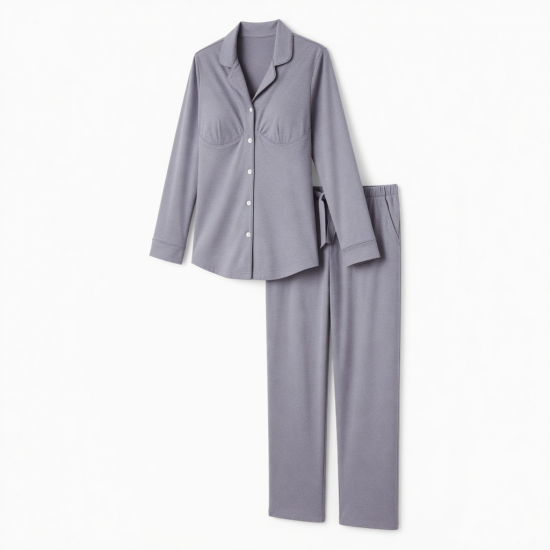 Women's Pajama Set with Built-in Bra - Long Sleeve Cotton Loungewear, Button Front Top & Pants for Home or Out