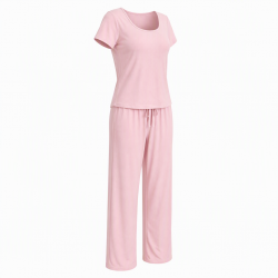 Women's Summer Pajama Set with Built-in Bra 100% Cotton Loungewear Short Sleeve Top & Pants Comfy Homewear Casual Outfit