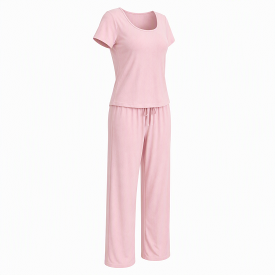 Women's Summer Pajama Set with Built-in Bra 100% Cotton Loungewear Short Sleeve Top & Pants Comfy Homewear Casual Outfit