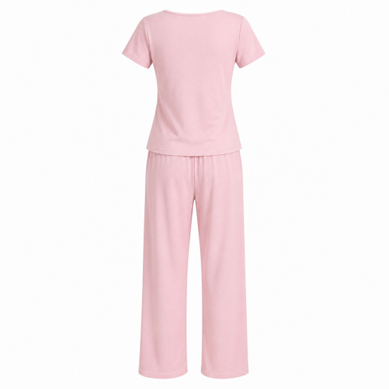Women's Summer Pajama Set with Built-in Bra 100% Cotton Loungewear Short Sleeve Top & Pants Comfy Homewear Casual Outfit