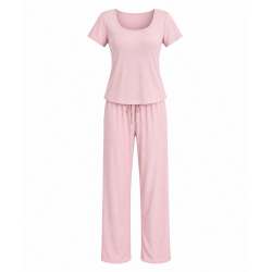 Women's Summer Pajama Set with Built-in Bra 100% Cotton Loungewear Short Sleeve Top & Pants Comfy Homewear Casual Outfit