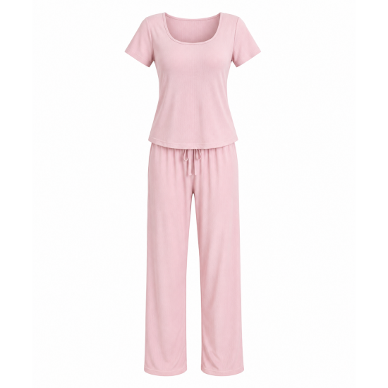 Women's Summer Pajama Set with Built-in Bra 100% Cotton Loungewear Short Sleeve Top & Pants Comfy Homewear Casual Outfit