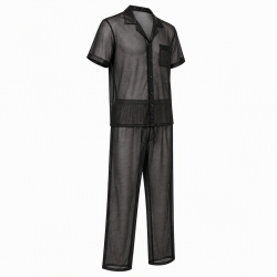 Men Pajamas Set Mesh Fabric See-Through Nightwear Sleepwear PJ