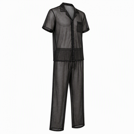 Men Pajamas Set Mesh Fabric See-Through Nightwear Sleepwear PJ