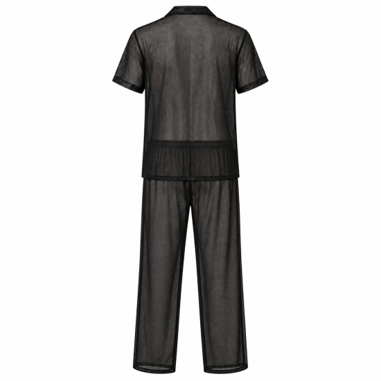 Men Pajamas Set Mesh Fabric See-Through Nightwear Sleepwear PJ