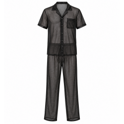 Men Pajamas Set Mesh Fabric See-Through Nightwear Sleepwear PJ