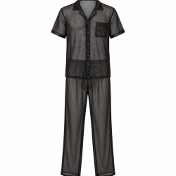 Men Pajamas Set Mesh Fabric See-Through Nightwear Sleepwear PJ