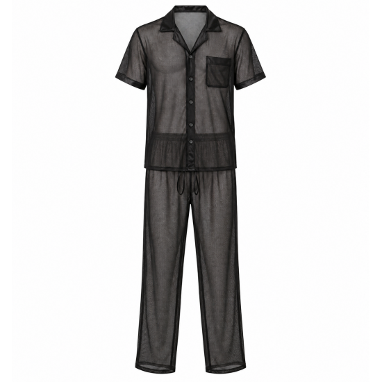 Men Pajamas Set Mesh Fabric See-Through Nightwear Sleepwear PJ